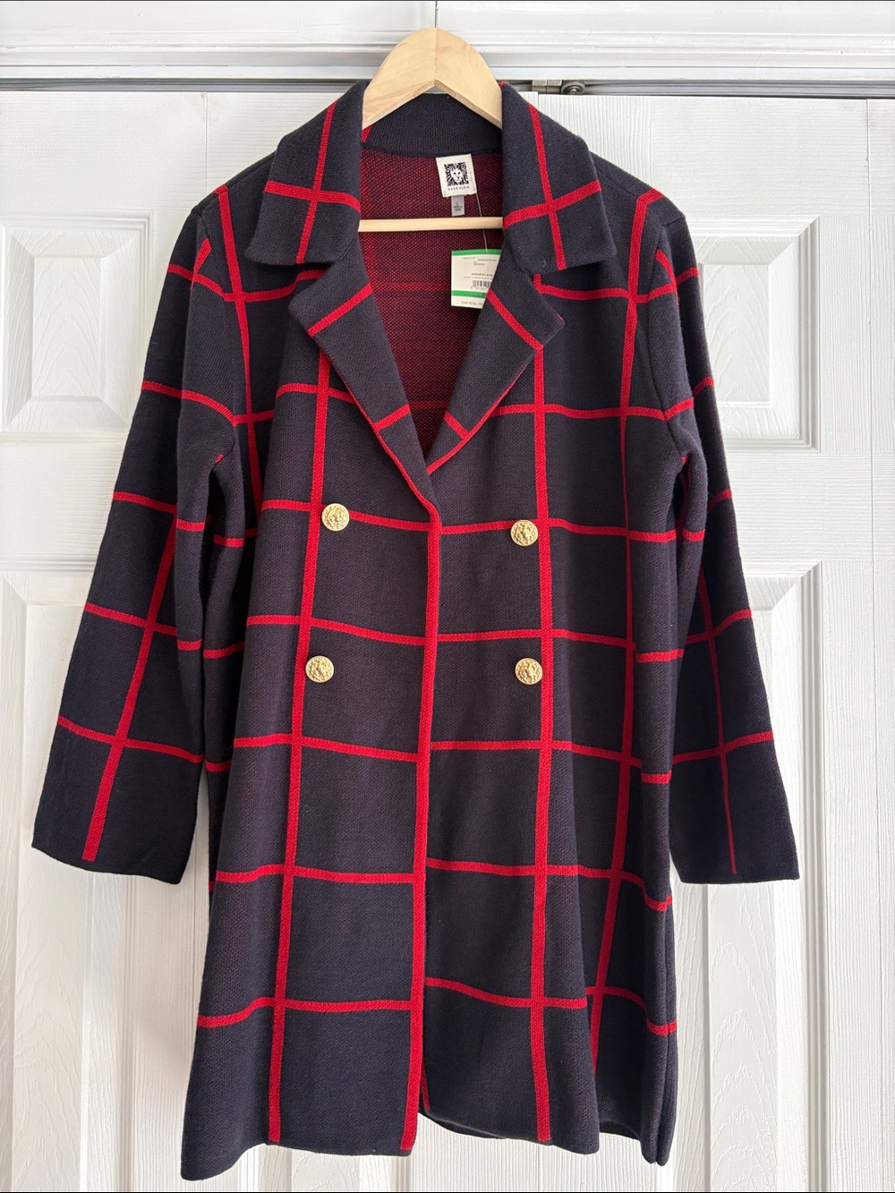 Anne Klein Classic Double-Breasted Windowpane Sweater Coat NWT